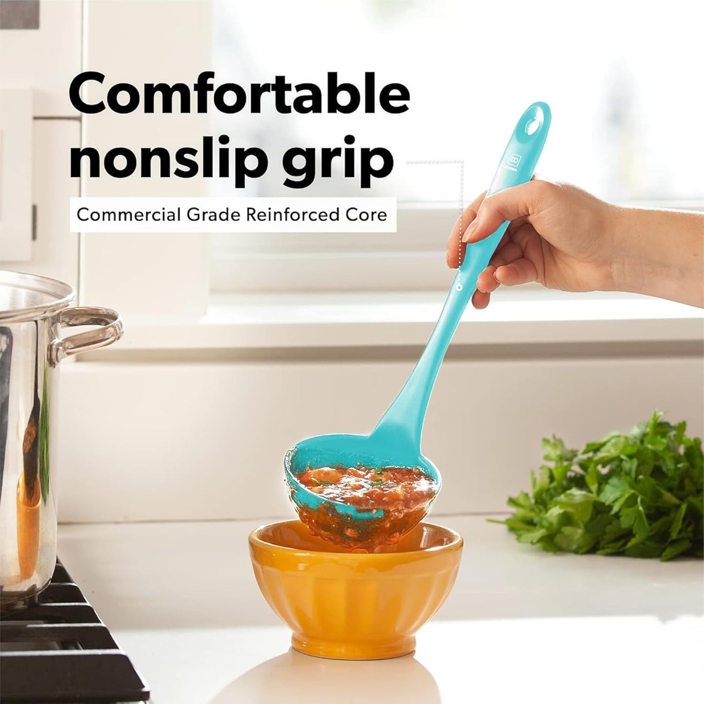 DI ORO Silicone Ladle & Spoons for Cooking – Large Kitchen Spoons for Mixing, Serving, & Stirring - Soup Ladle with Wide Bowl - High Heat Silicone Kitchen Utensils for Nonstick Cookware Safe (Teal)