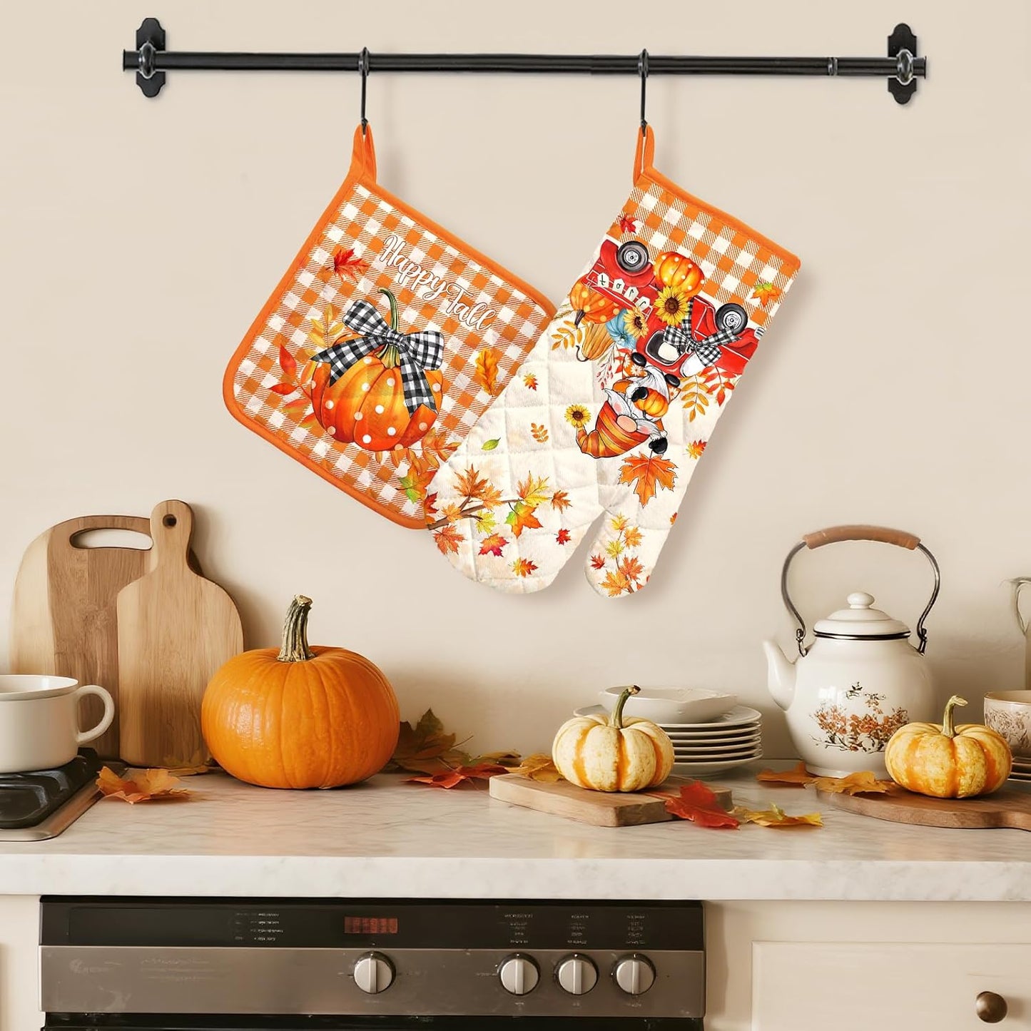 Fall Pumpkin Gnome Oven Mitts and Pot Holders Sets 2Pcs, 100% Cotton Heat Resistant, Extra Long Oven Gloves Potholder for Thanksgiving Kitchen Cooking Baking Decoration