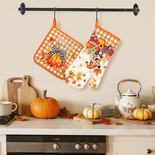 Fall Pumpkin Gnome Oven Mitts and Pot Holders Sets 2Pcs, 100% Cotton Heat Resistant, Extra Long Oven Gloves Potholder for Thanksgiving Kitchen Cooking Baking Decoration