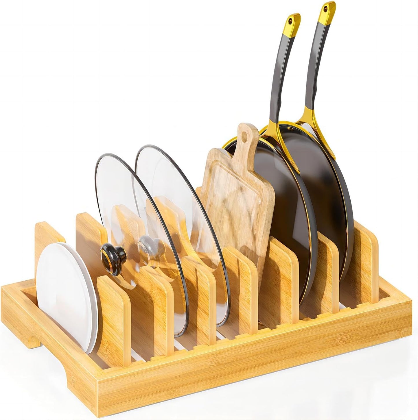 Bamboo Pot and Pan Organizer, Pot Lid Organizer Holder Rack for Countertop Drawer, Kitchen Cabinet Organizer with 7 Adjustable Dividers for Pots, Pans, Baking Sheets, Cutting Boards, Nature