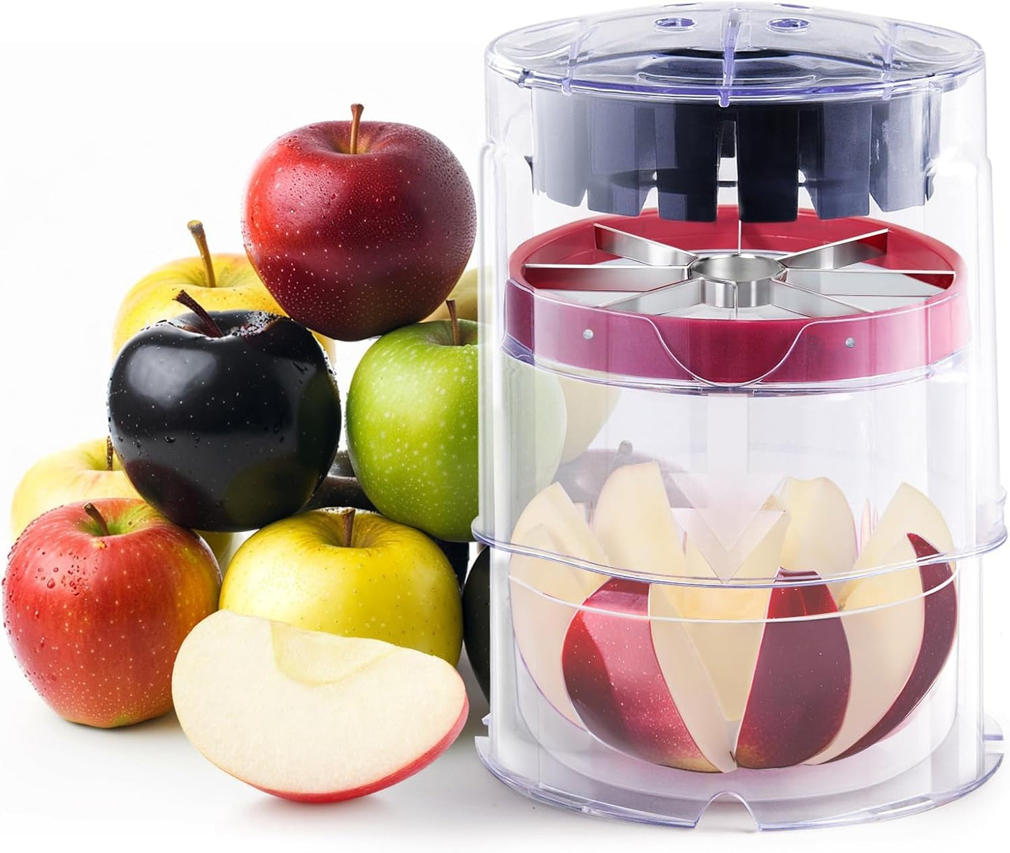 OOKUU Professional Apple Slicer, 8-Slice Ultra-Safe Heavy-Duty Stainless Steel Apple Cutter, 5.12-Inch Extra-Large Corer Cuts Apples All the Way Through with Clear Bowl
