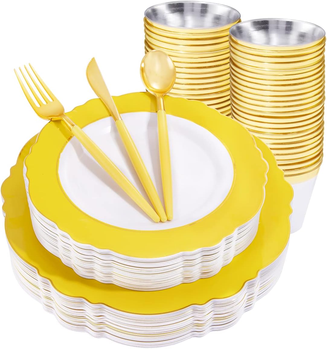 WDF 150pieces Yellow Disposable Dinnerware Hign-end Baroque Design - Sturdy&Durable Baroque Yellow Sunshine&Gold Plastic Dinnerware for Upscale Wedding & Thanksgiving Parties