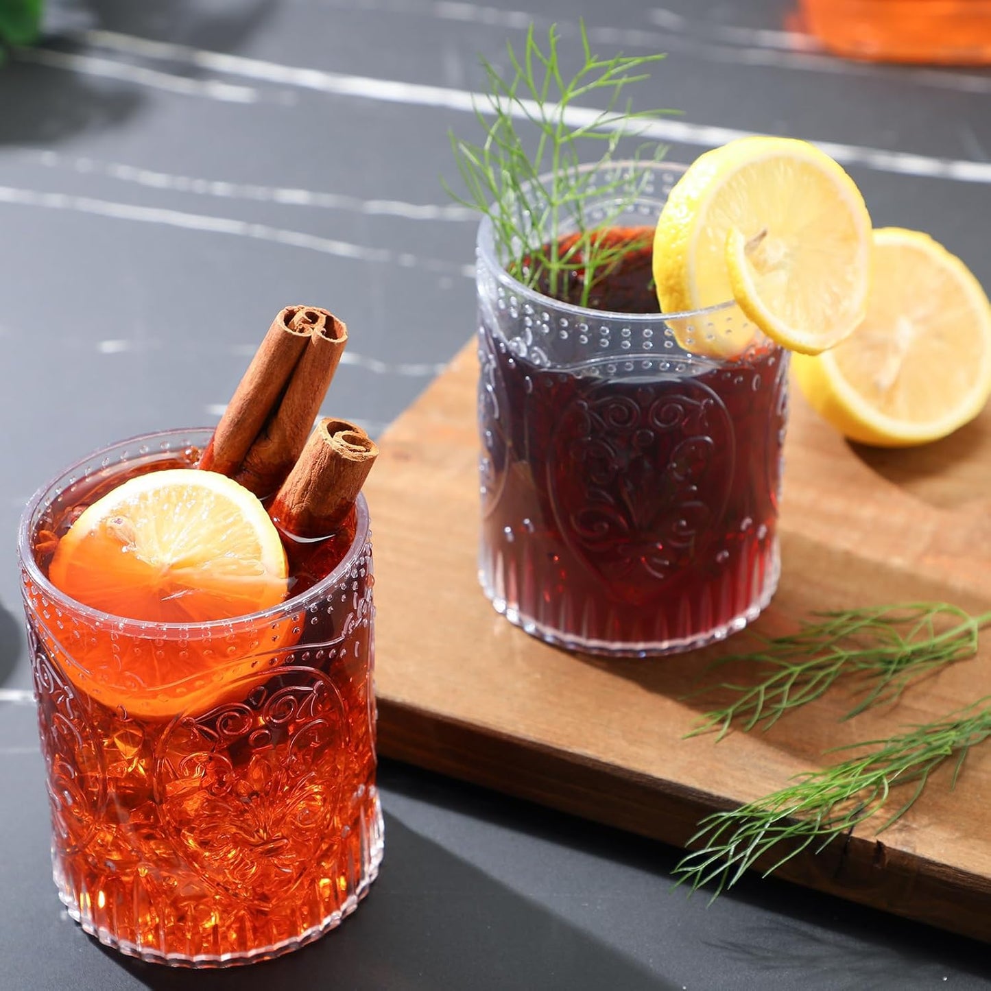 24 Plastic Vintage Drinking Glasses 8.5oz Stemless Retro Embossed Wine Glasses Shatterproof Reusable Cups for Baby Shower Wedding Reception Grand Event Party (Clear)