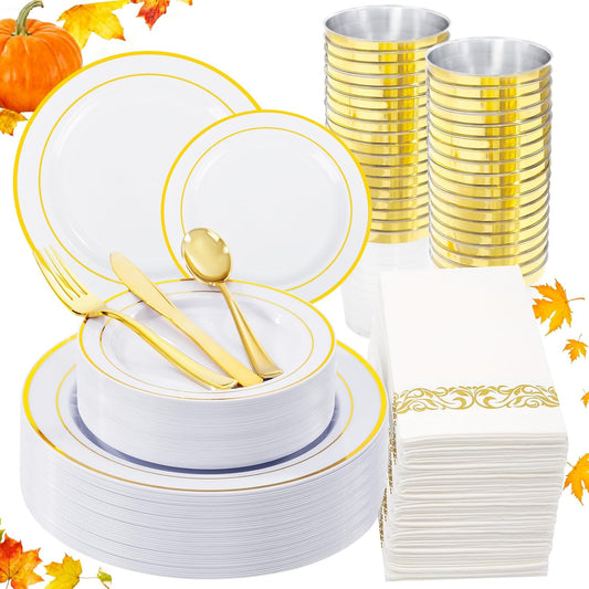 WDF 175PCS White and Gold Plastic Plates - Gold Plates Disposable - 25 Guest Thanksgiving Disposable Dinnerware Sets Include 50 Plate, 25 Cutlery, 25 Napkins and 25 Cups for Party/Thanksgiving/Wedding