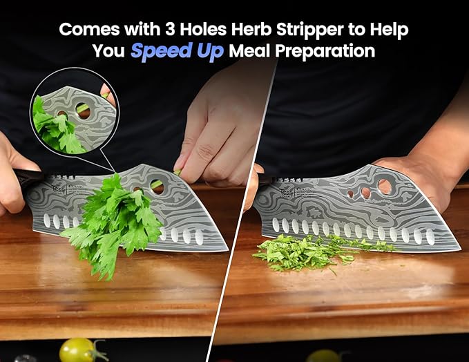 Cleaver Chef Knife with Herb Stripper, 7" Asian Kitchen Knife 3-in-1 Combined with Chef's Knife, Santoku, Nakiri for Slicing, Chopping, Dicing, Mincing, Housewarming Birthday Cooking Gifts