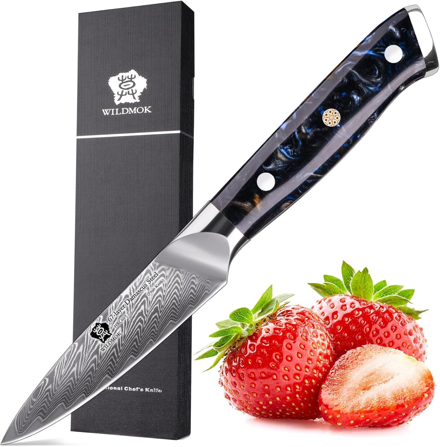 WILDMOK Damascus Paring Knife, 3.5 Inch Japanese 67-layers Damascus Steel, Professional Paring Knife, Ultra Sharp Blade Cooking Utility Knife, Full Tang Ergonomic Resin Handle