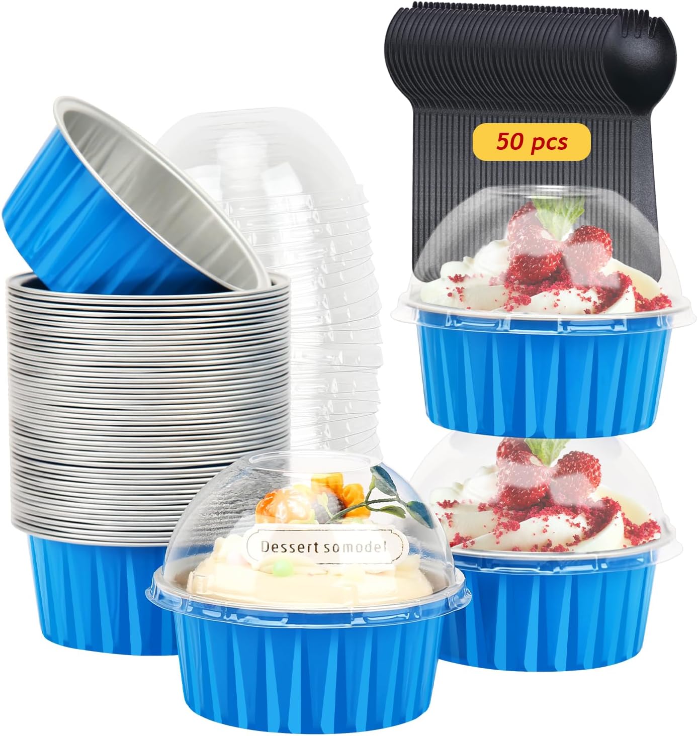 5oz Muffin Tins with Lids 50 Pack,Free-Air Aluminum Foil Cupcake Liners Baking Pans,Jumbo Muffin Liners Cupcake Pans,Disposable Ramekins Muffin Cups Containers-Blue