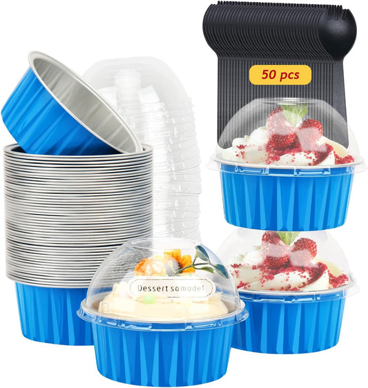 5oz Muffin Tins with Lids 50 Pack,Free-Air Aluminum Foil Cupcake Liners Baking Pans,Jumbo Muffin Liners Cupcake Pans,Disposable Ramekins Muffin Cups Containers-Blue