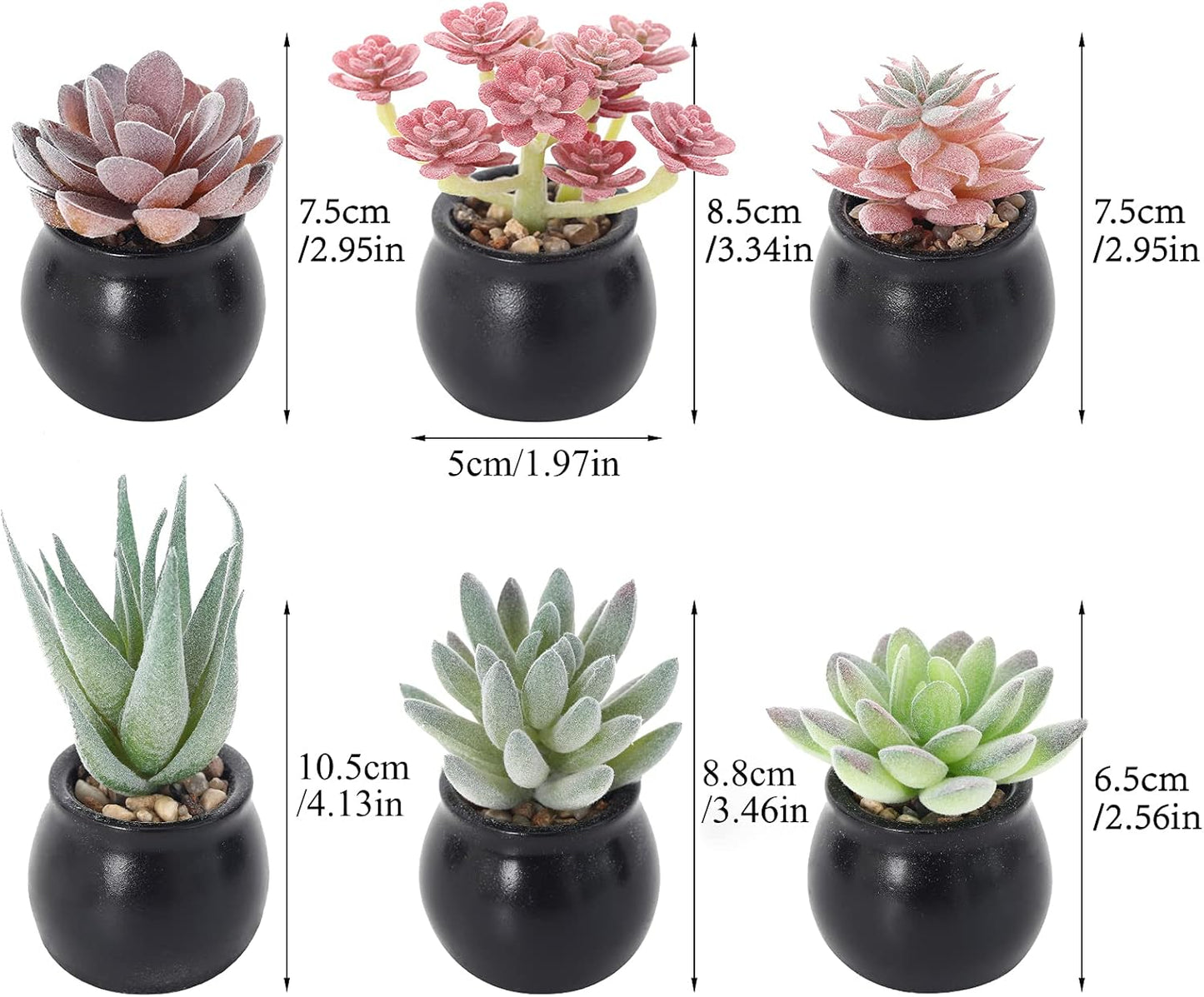 Nubry Mini Fake Plants in Ceramic Pots Artificial Small Succulents Potted Faux Assorted Lifelike Plants for Home Office Desk Decor, Set of 6 (Black Ceramic Pots)