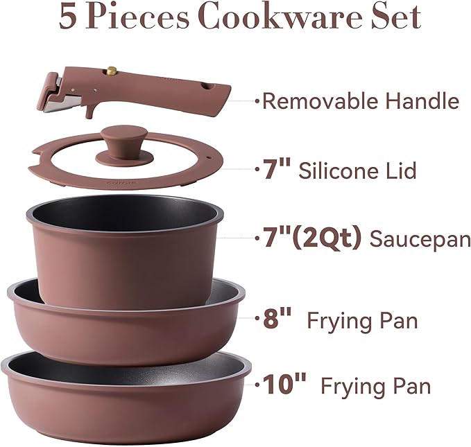 CAROTE 5pcs Pots and Pans Set Non stick,Cookware Set Detachable Handle,kitchen essentials,RV kitchen pot and pan,Induction Cookware,Oven Safe,PFOA PFOS FREE,Burgundy