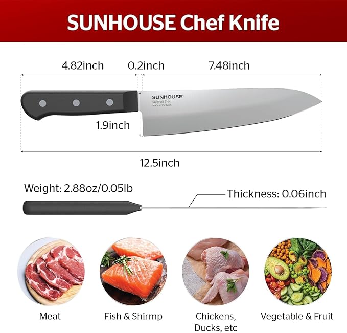 Sunhouse Chef Knife, 7.5 Inch High Carbon Stainless Steel Sharp Kitchen Knife with Ergonomic Handle, Ultra-durable 2-layer Molded Handle, A Useful Chef Gift for Mom and Dad