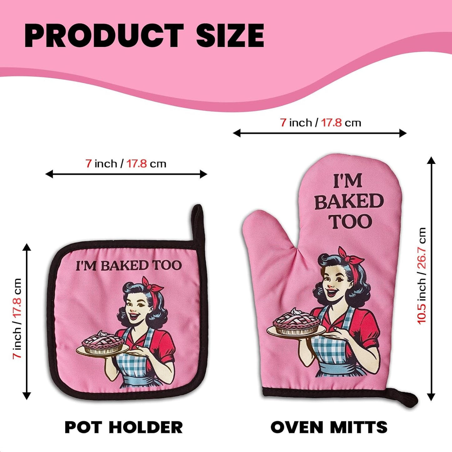 Retro Housewife Oven Mitts and Pot Holders（Set of 2） I'm Baked Too Heat Resistant Baking Mitts Silicone Non-Slip Oven Mitts Kitchen Chef Gift Funny Birthday Gift for Women Hostess Mom Friend