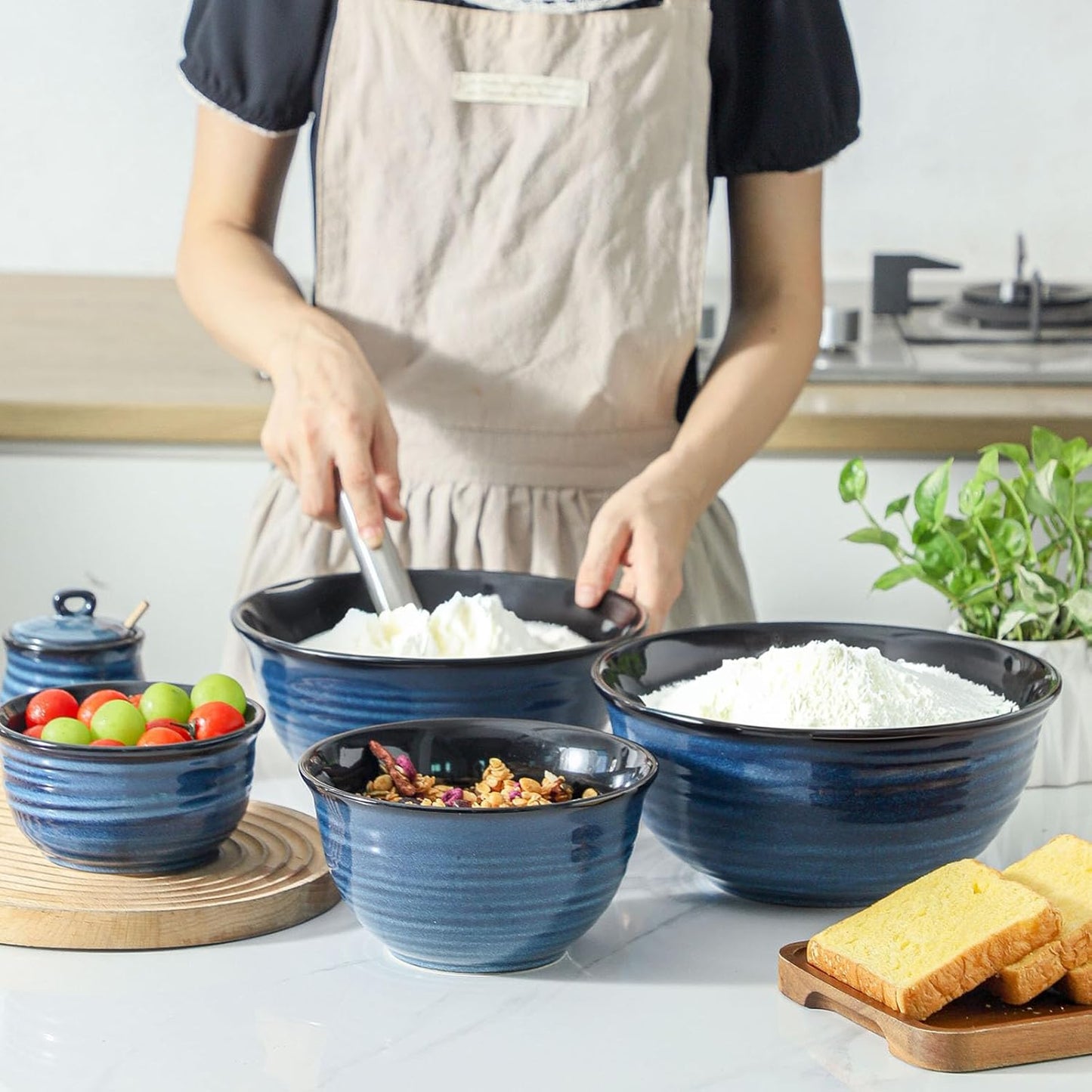 Hasense Mixing Bowls Set, Porcelain Large Salad Bowls for Cooking, Baking, Prepping, Serving, Blue Nesting Dishes for Housewarming Gift, Microwave Dishwasher Safe, 2.8/2.1/1.0/0.5 Qt