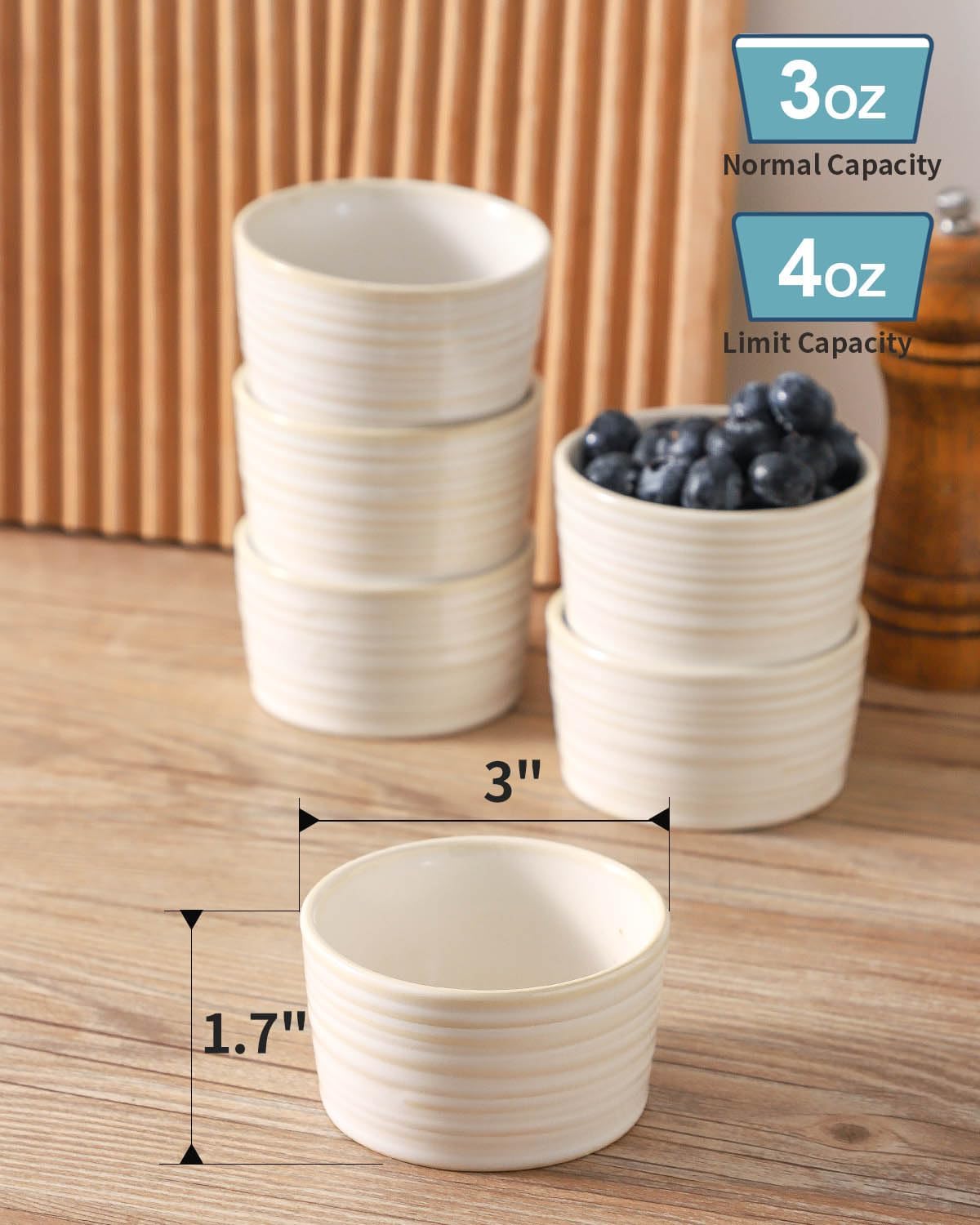 Hasense 4 oz Ramekins Oven Safe, Ceramic Creme Brulee Bowls Set of 6, Mini Baking Dishes for Souffle Pudding, Serving Dip, Custard, Ice Cream, Clay-Infused White