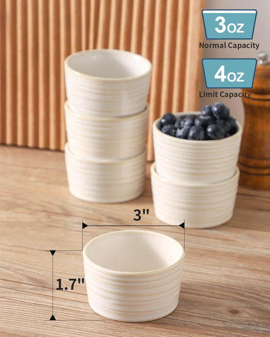 Hasense 4 oz Ramekins Oven Safe, Ceramic Creme Brulee Bowls Set of 6, Mini Baking Dishes for Souffle Pudding, Serving Dip, Custard, Ice Cream, Clay-Infused White