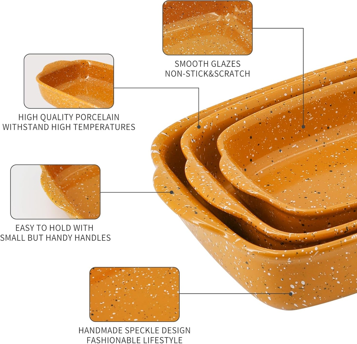 Ceramic Baking Dish Set of 3, Casserole for Oven,Rectangular Bakeware Dishes with Handles,Lasagna Pan Deep,Handcraft Speckle Stoneware Series (13.8''/12''/9.6''Orange)