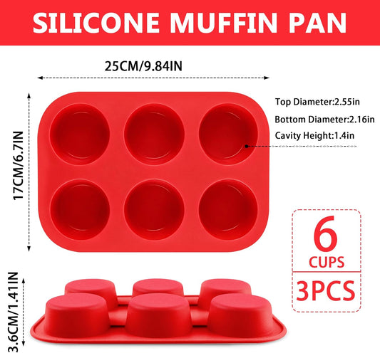 3-Pack 6-Cup Silicone Muffin Pans, Nonstick Cupcake Baking Molds, Muffin Cupcake Pans Molds for Baking, BPA/PFA-Free, Dishwasher & Oven Safe - Red