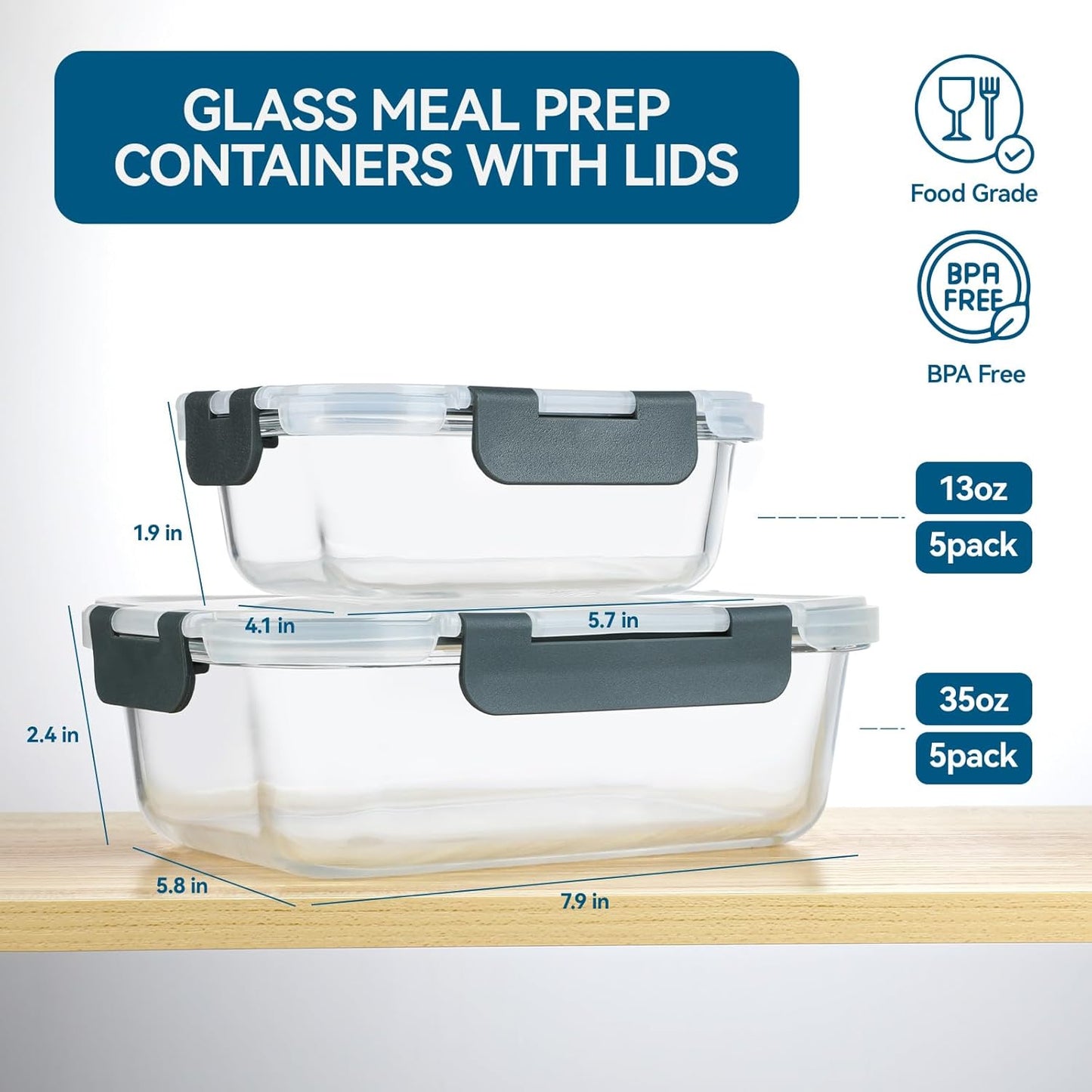 BAYZZ 10 Pack Glass Meal Prep Containers, Glass Food Storage Containers with Lids, Airtight Lunch Box, Freezer,Oven,Microwave and Dishwasher Safe