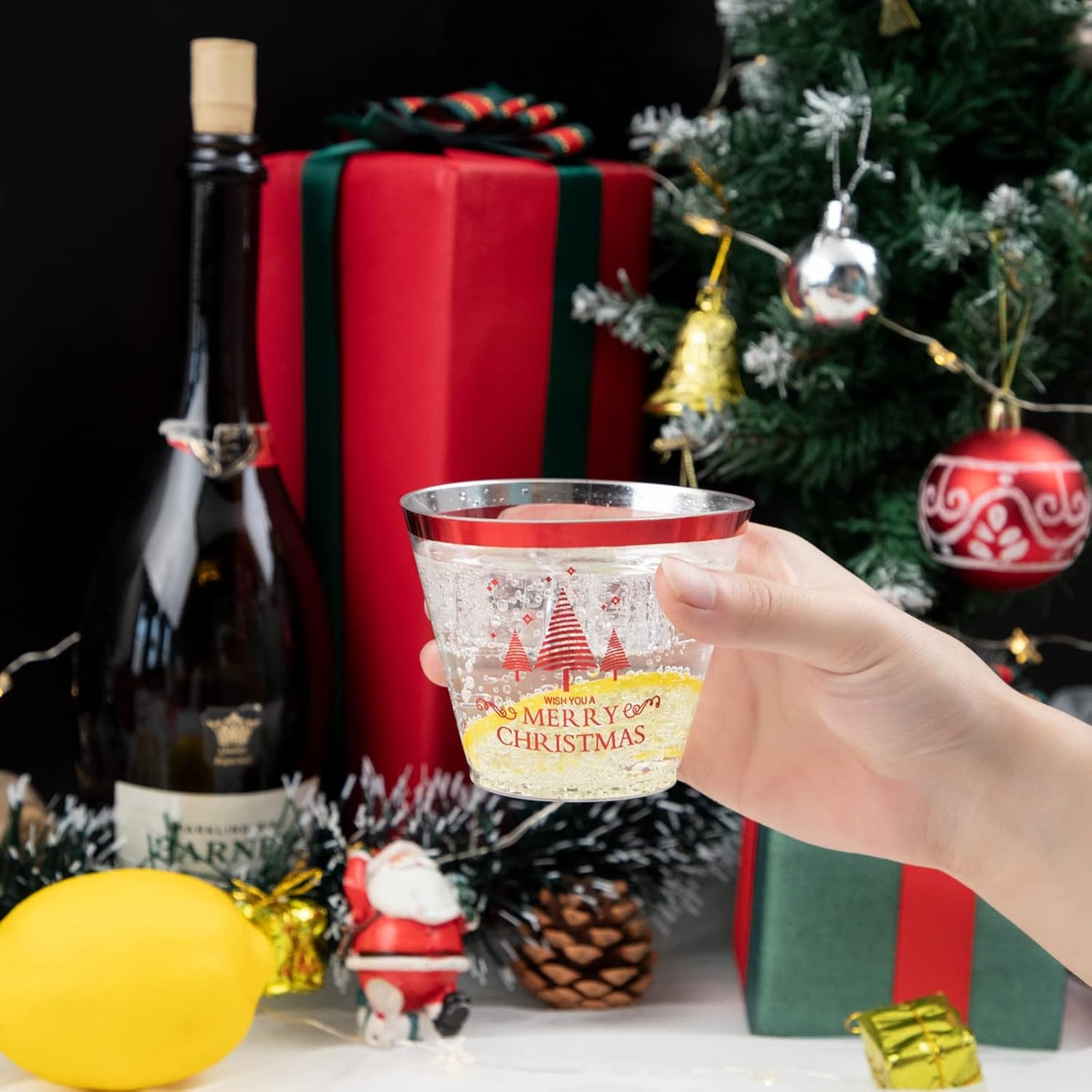 I00000 100PCS Christmas Red Plastic Cups Christmas Disposable Cups 9 Oz Plastic Holiday Cups Wine Glasses Red Rim Clear Cocktail Tumblers Drinking Glasses for Parties