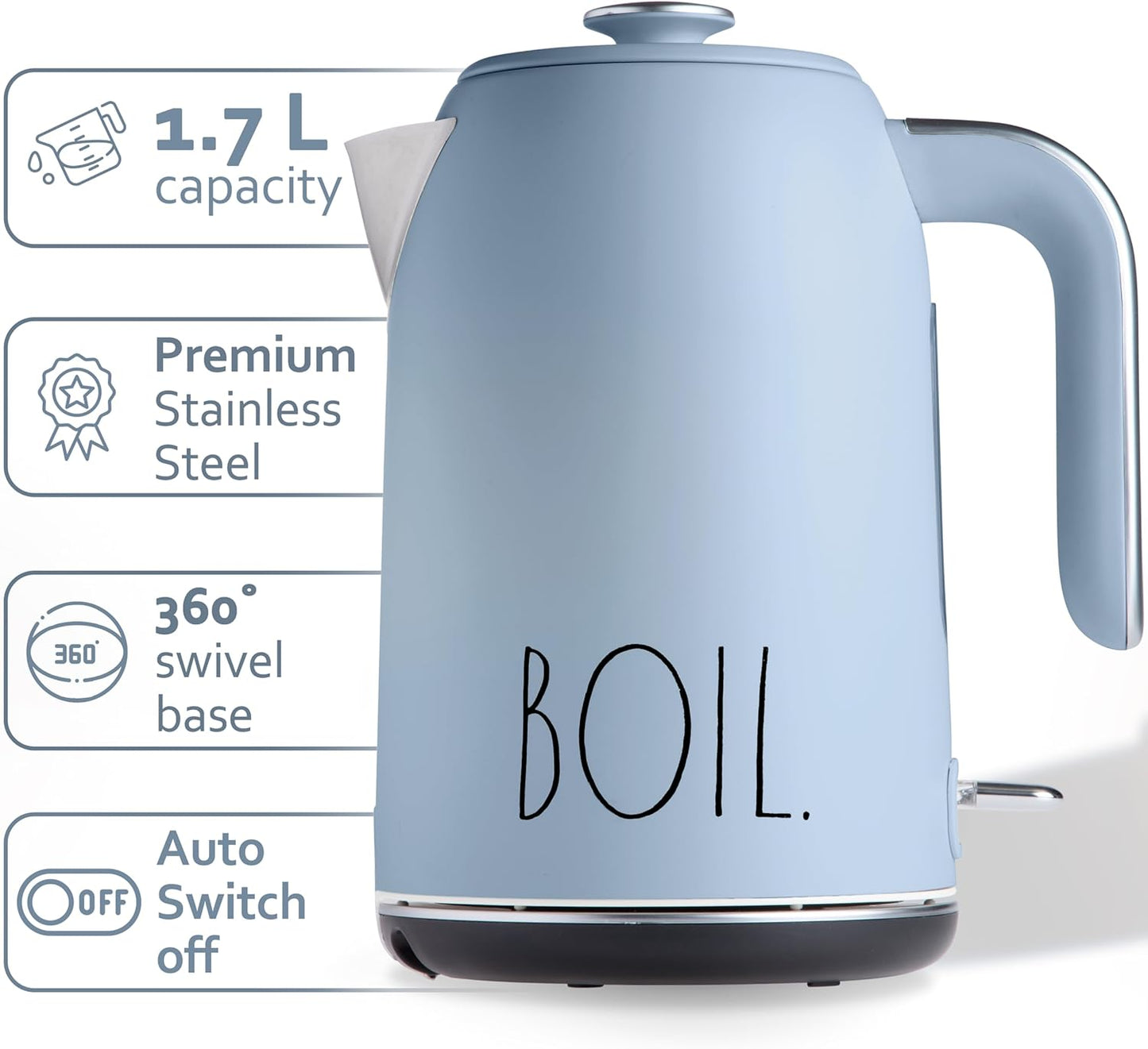 Rae Dunn Electric Hot Water Kettle - Stainless Steel Coffee Maker, Tea Kettle, Swivel Base, With Automatic Shut Off Boil-Dry Protection, Easy Pour, 1500 Watt Boiling Power, 1.7 Liters, Baby Blue