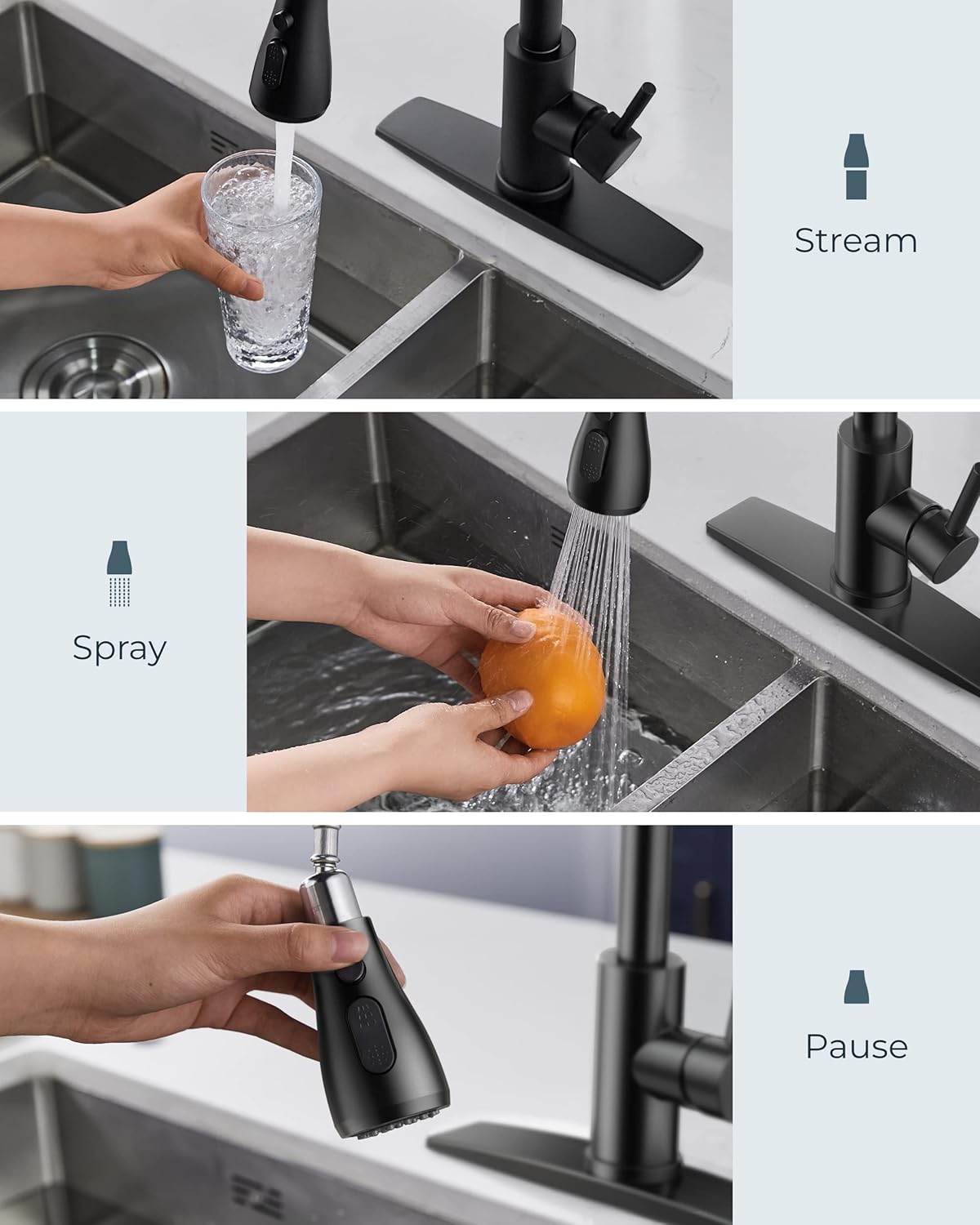 FORIOUS Black Kitchen Faucet with Soap Dispenser, Single Handle Stainless Steel Transitional Sink Faucet with Pull Down Sprayer 1 or 3 Hole, Suitable for Farmhouse Laundry Camper RV Bar