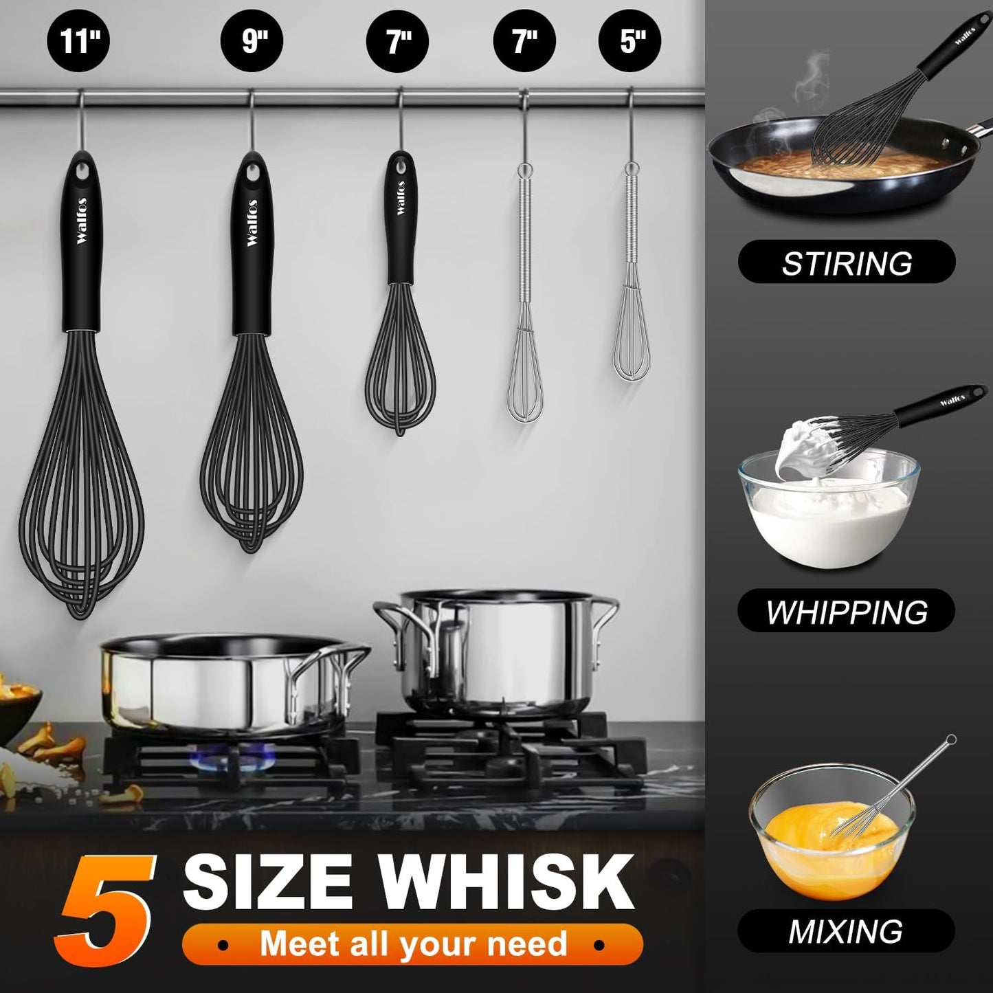 Silicone Whisks set with 7+5in mini stainless steel whisk, Non Scratch Coated 7+9+11in Whisks for Nonstick Cookware,Premium for Blending, Whisking, Beating, Frothing & Stirring