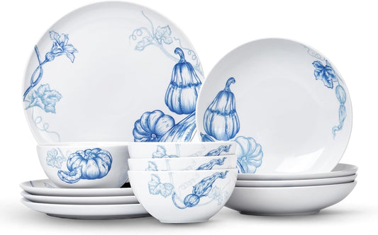 Minh Long 12 Pcs Porcelain Thanksgiving Dinnerware Set, Pumpkins Harvest Plates and Bowls Set for 4, Fall Dishes Chip & Scratch Resistant, Oven Safe up to 482°F, Non Toxic Dishwasher & Microwave Safe