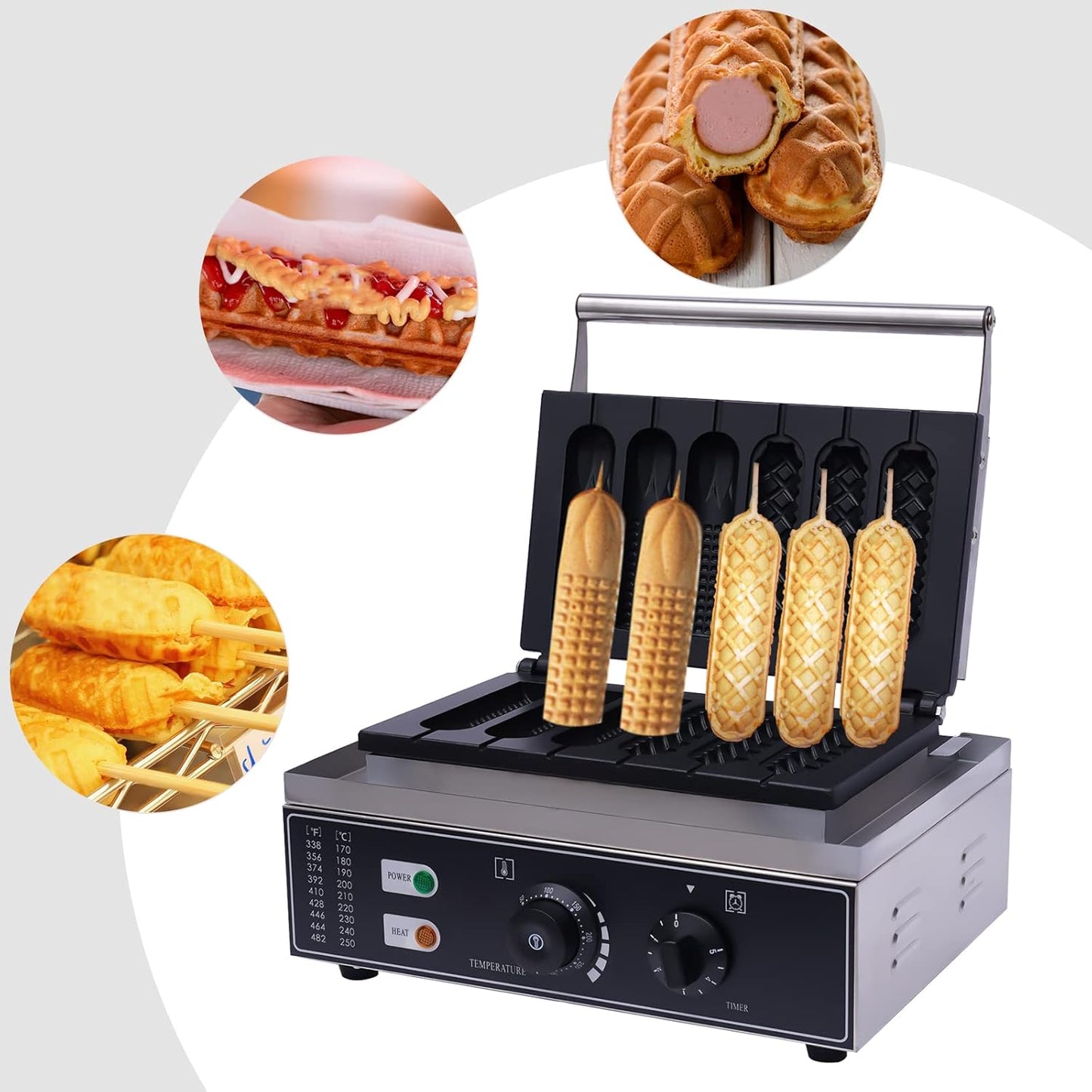 Hotdog Waffle Maker Machine Electric Corn Dog Maker 6 Slice 2 Patterns Non-Stick Stainless Steel Waffle Baker Machine