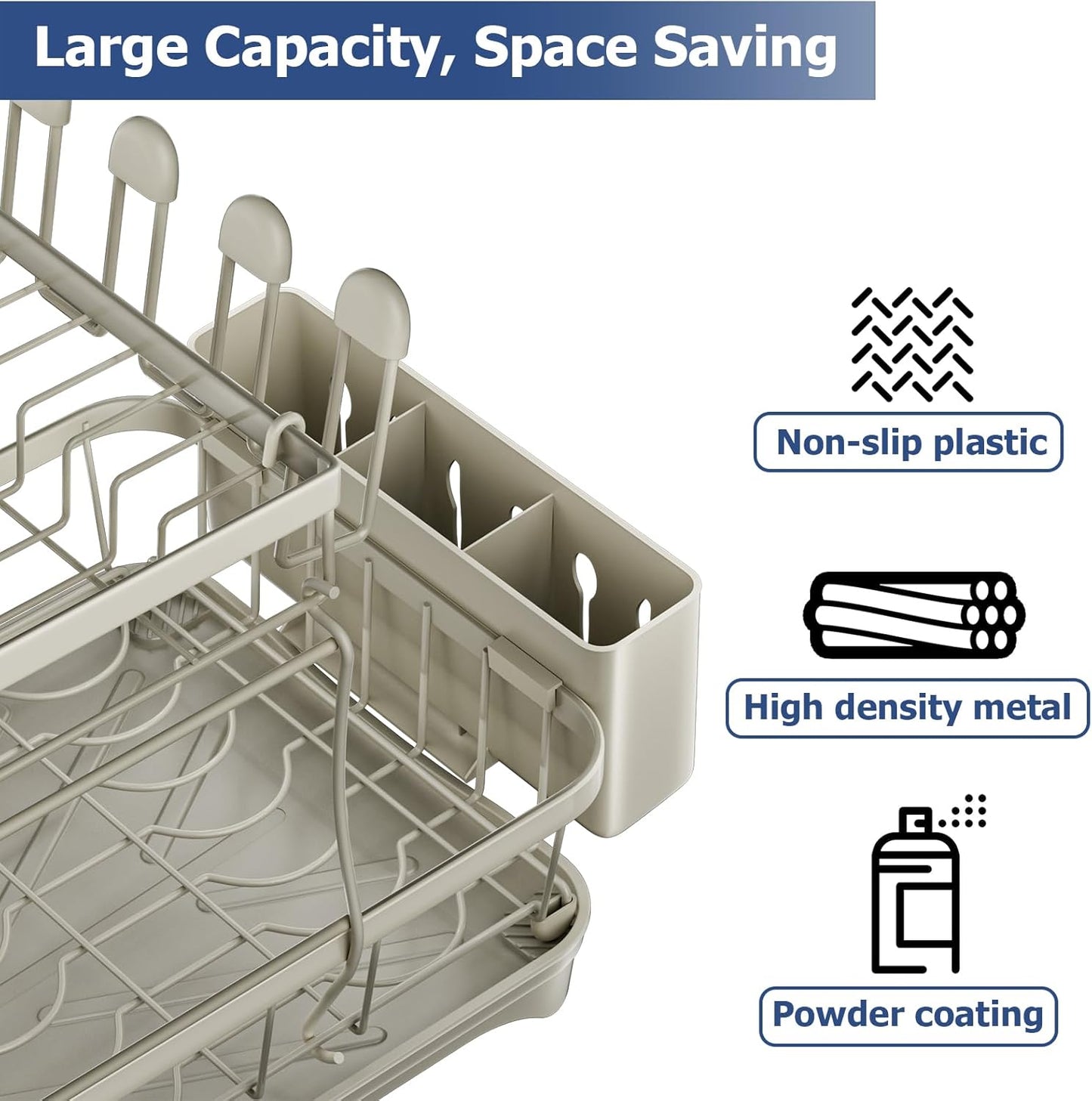 Dish Drying Rack 2-Tier Dish Racks for Kitchen Counter, Adjustable Spout Auto-Draining Dish Rack, Large Capacity for Plates, Bowls, Cups, Tableware, Dish Drainer with Drainboard,Grey