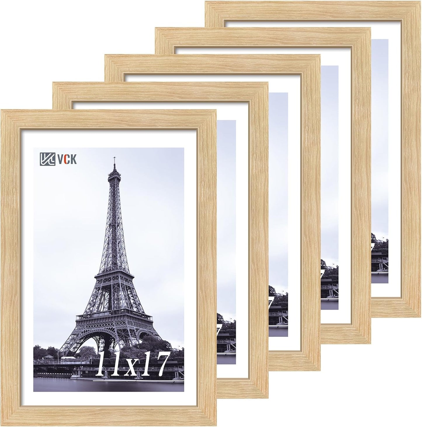 VCK 11x17 Picture Frame 5 Pack - Oak, Natural Solid Wood Poster Frames, Wall Gallery Frame