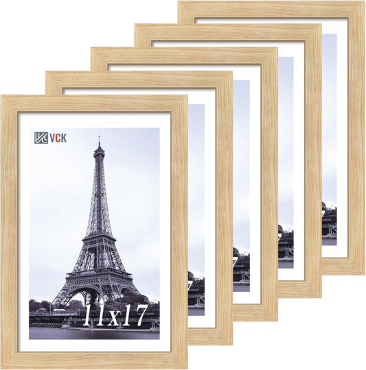 VCK 11x17 Picture Frame 5 Pack - Oak, Natural Solid Wood Poster Frames, Wall Gallery Frame