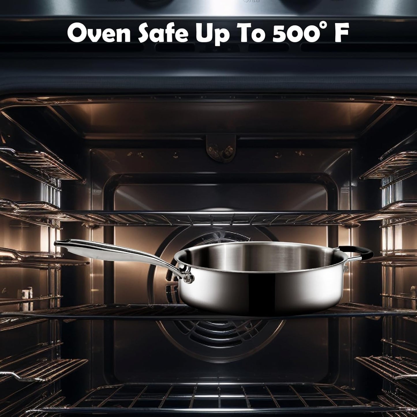 Tri-Ply Stainless Steel Saute Pan with Steamer, 5 Quart Deep Sauté Pan with Lid and Stay Cool Handle,11.5 Inch Frying Pan,Dishwasher and Oven Safe,Induction Stainless Steel Cookware