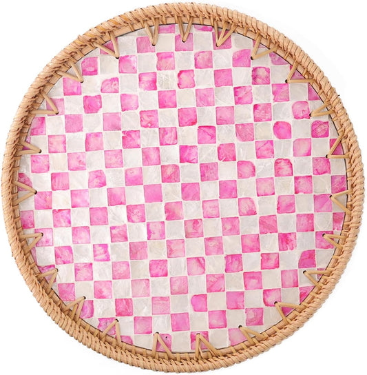 Round Rattan Tray with Mother of Pearl Inlay, Rattan Serving Tray for Coffee, Bread, Fruits, Decorative Wicker Tray for Table Decor, Home Decor, Kitchen Island Decor(Pink Checkerboard, 11.8")