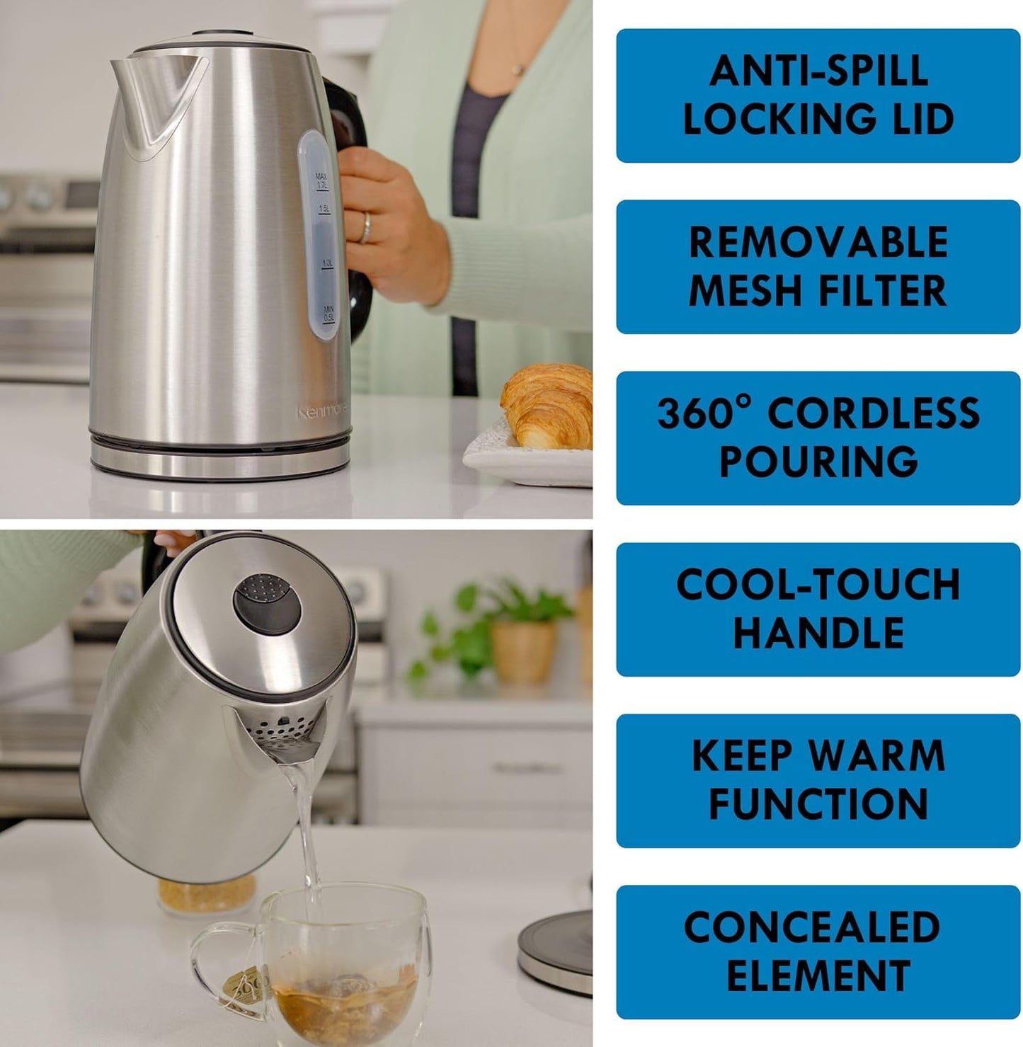 Kenmore Kettle - Digital Cordless Electric Kettles for Instant hot tea & coffee stainless steel automatic shut-off temperature control for boiling water spout filter countertop kitchen appliance 1.7L