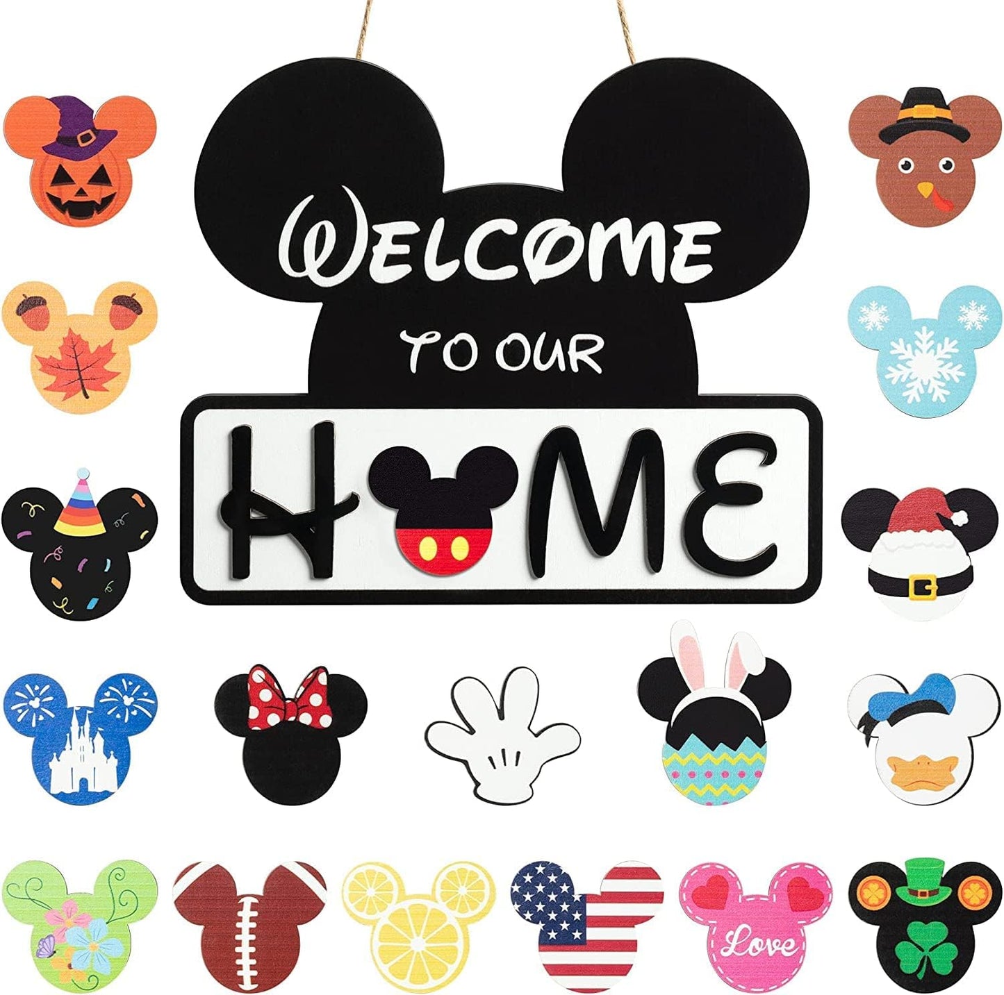 19Pcs Cute Mouse Interchangeable Seasonal Welcome Door Sign for Front Door Decor, Welcome to Our Home Sign with Interchangeable Holiday Pieces for Farmhouse/Wall/Porch Decor and Housewarming