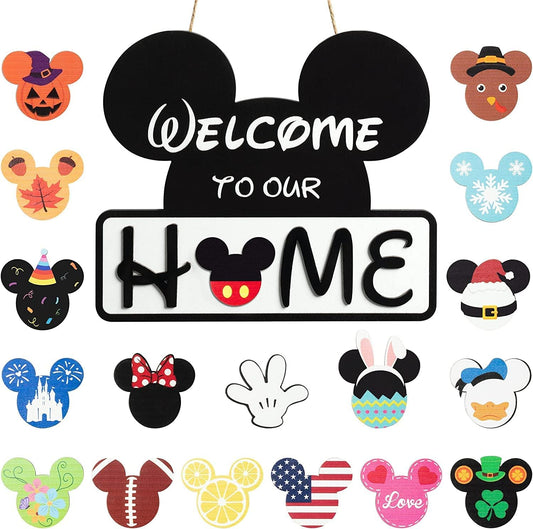 19Pcs Cute Mouse Interchangeable Seasonal Welcome Door Sign for Front Door Decor, Welcome to Our Home Sign with Interchangeable Holiday Pieces for Farmhouse/Wall/Porch Decor and Housewarming