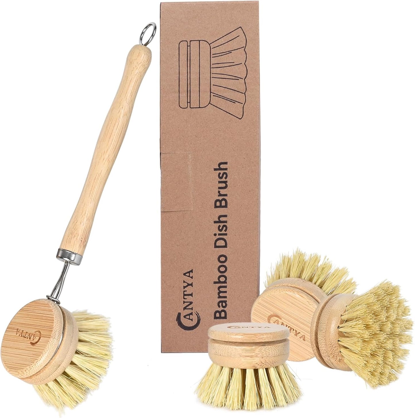 Bamboo Dish Brush with Handle - 4 Replacement Heads, Non Toxic Dish Scrubber Compostable & Sustainable, Scrub Brush for Cleaning Kitchen Utensils(Soft Bristles)