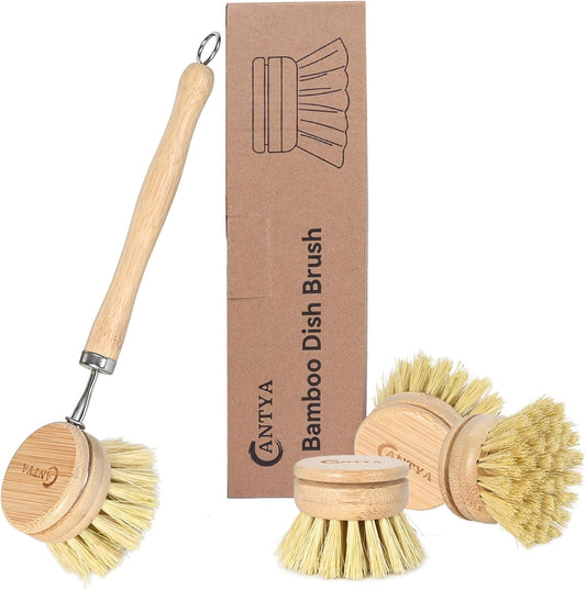 Bamboo Dish Brush with Handle - 4 Replacement Heads, Non Toxic Dish Scrubber Compostable & Sustainable, Scrub Brush for Cleaning Kitchen Utensils(Soft Bristles)
