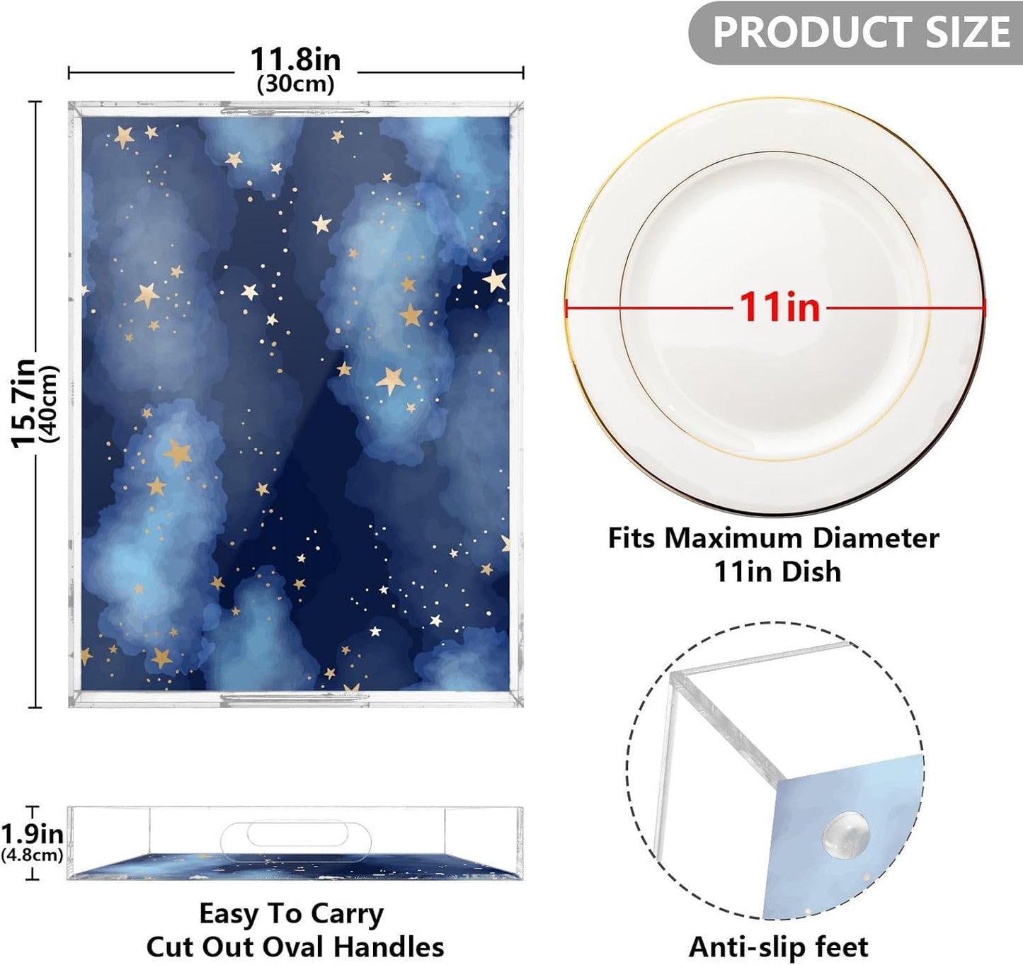 Acrylic Serving Tray with Handles Spill Proof Kitchen Storage Tray Clear Decorative Tray Makeup Drawer Organizer Storage Tray for Bathroom Living Room Ottoman 15.7x11.8Inches