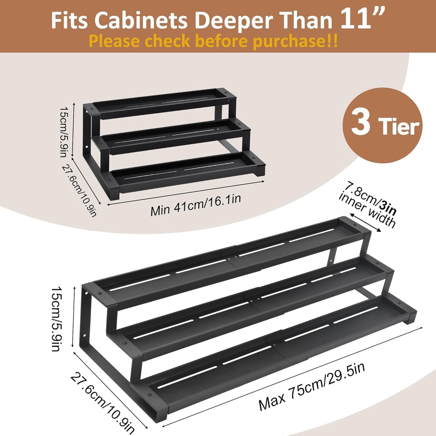 GOENDR Expandable Spice Rack Organizer for Cabinet, 3 Tier Metal Spice Organization,16"-29.5" Wide Adjustable Seasoning Organizer, Display Shelf, Canned Goods Organizer for Pantry Kitchen Countertop