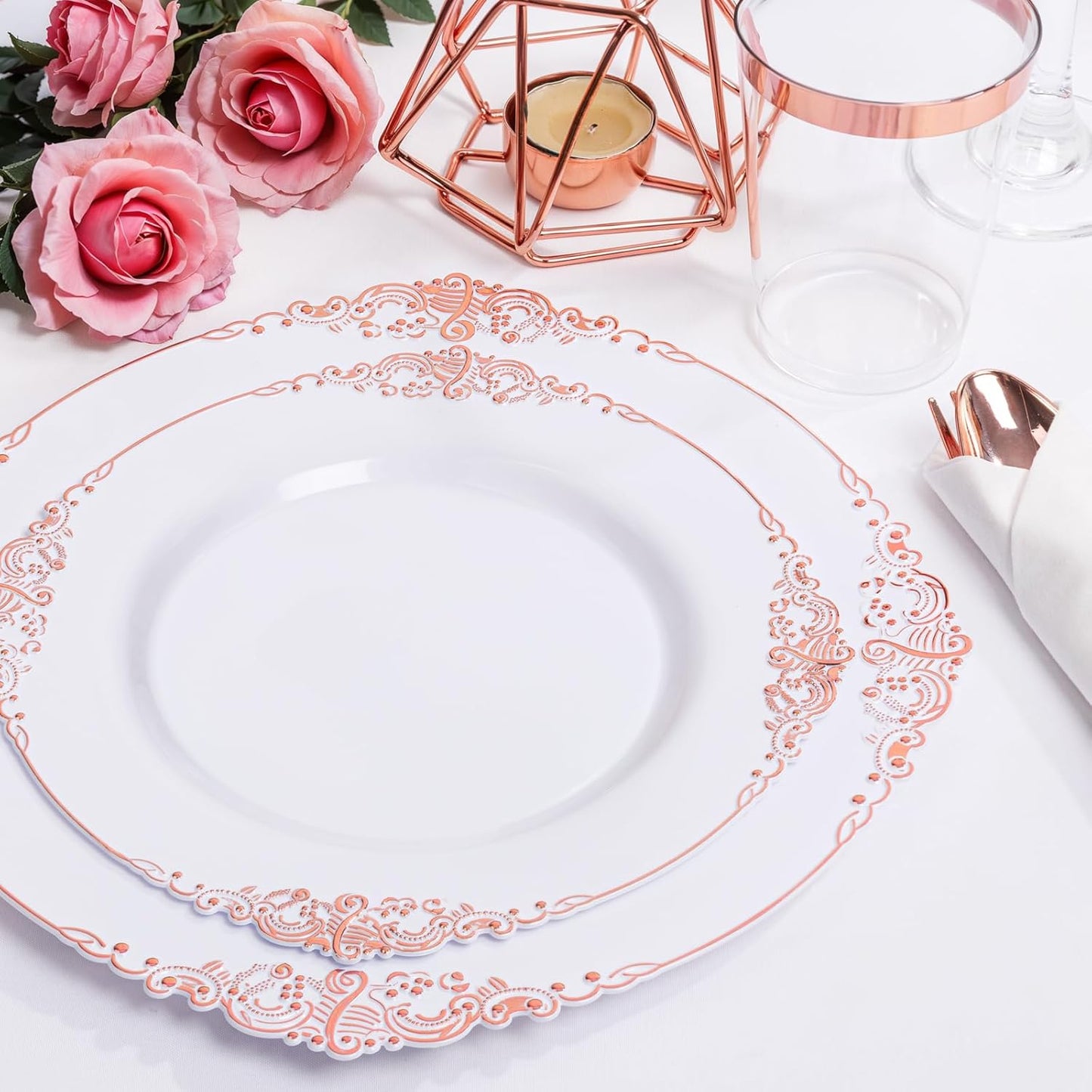 Nervure 700PCS Rose Gold Plastic Plates - Rose Gold Plastic Dinnerware Sets for 100 Guests - 200 White Disposable Plates, 300 Silverware, 100 Cups, 100 Napkins for Wedding & Party