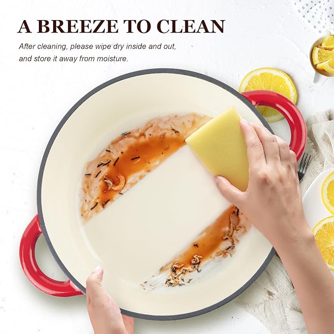 Overmont Enameled Cast Iron Dutch Oven - 7QT Pot with Lid Cookbook & Cotton Potholders - Heavy-Duty Cookware for Braising, Stews, Roasting, Bread Baking red