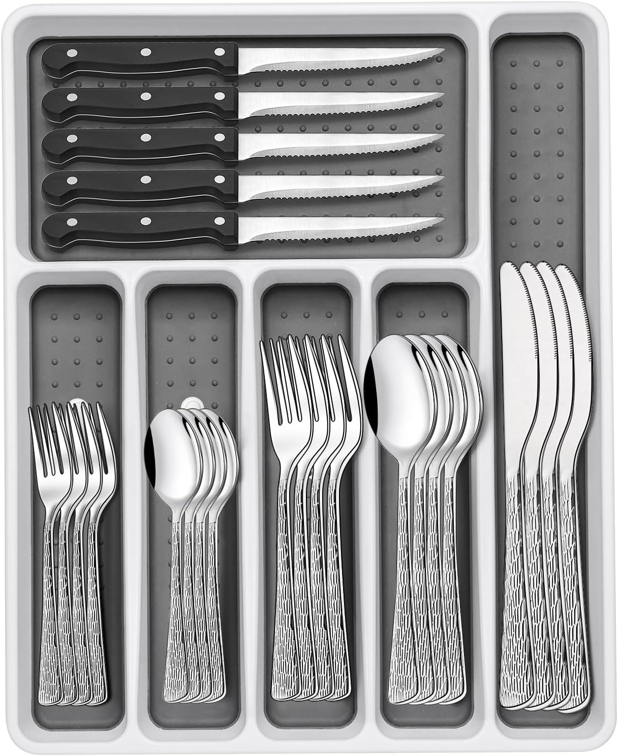 49-Piece Silverware Set with Organizer, Stainless Steel Tree Pattern Flatware for 8, Cutlery Utensil Sets with Steak Knives, Rust-proof, Mirror Polished, Dishwasher Safe