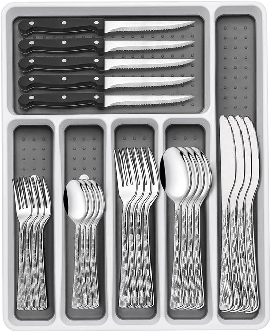49-Piece Silverware Set with Organizer, Stainless Steel Tree Pattern Flatware for 8, Cutlery Utensil Sets with Steak Knives, Rust-proof, Mirror Polished, Dishwasher Safe