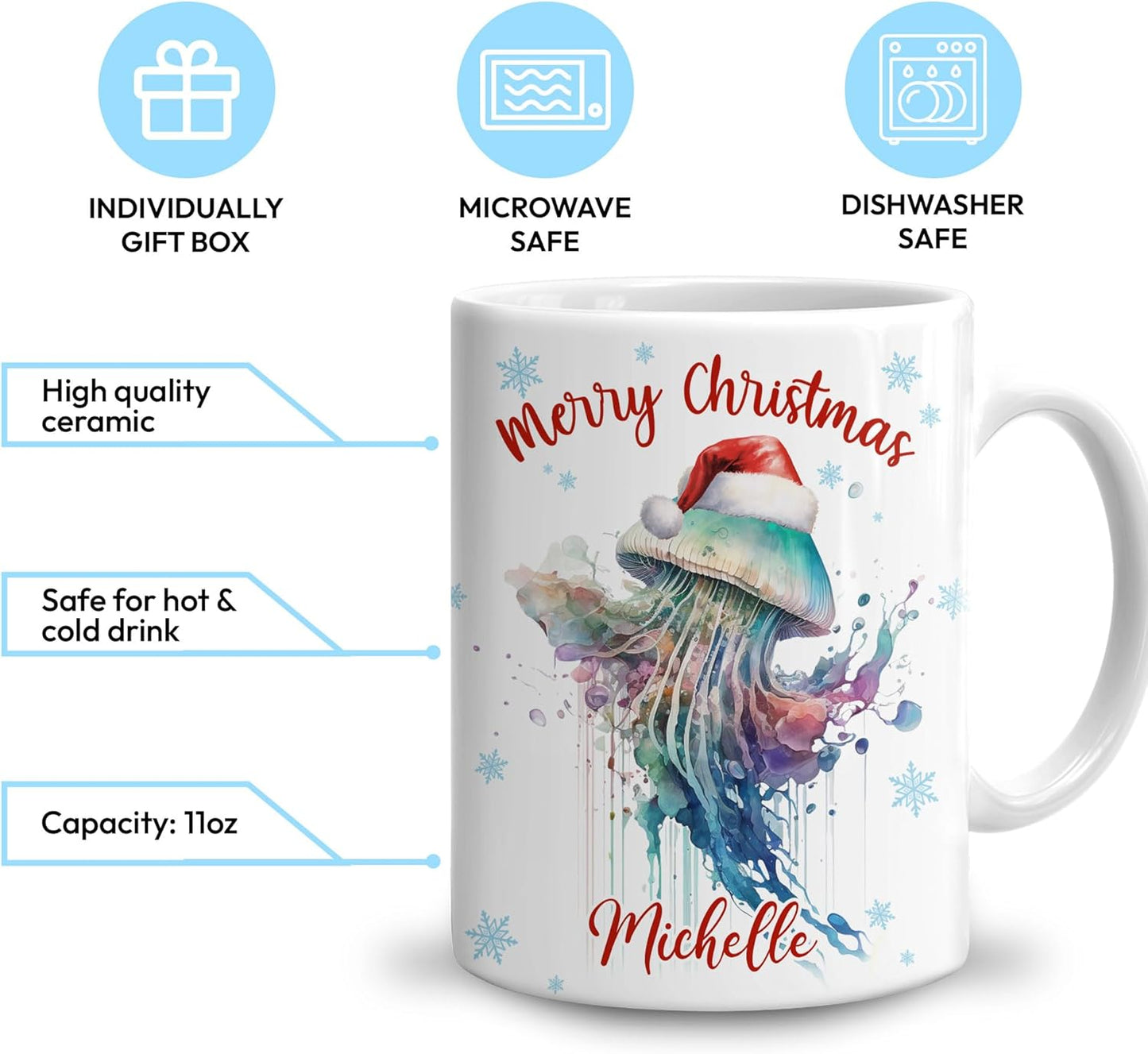 Hyturtle Personalized Gifts Jellyfish Lover - Merry Christmas Customized Name Ceramic Coffee Mug Cup 11oz - Cute Sea Animal Lovers Gifts For Women, Girl kids Family On Birthday, Christmas