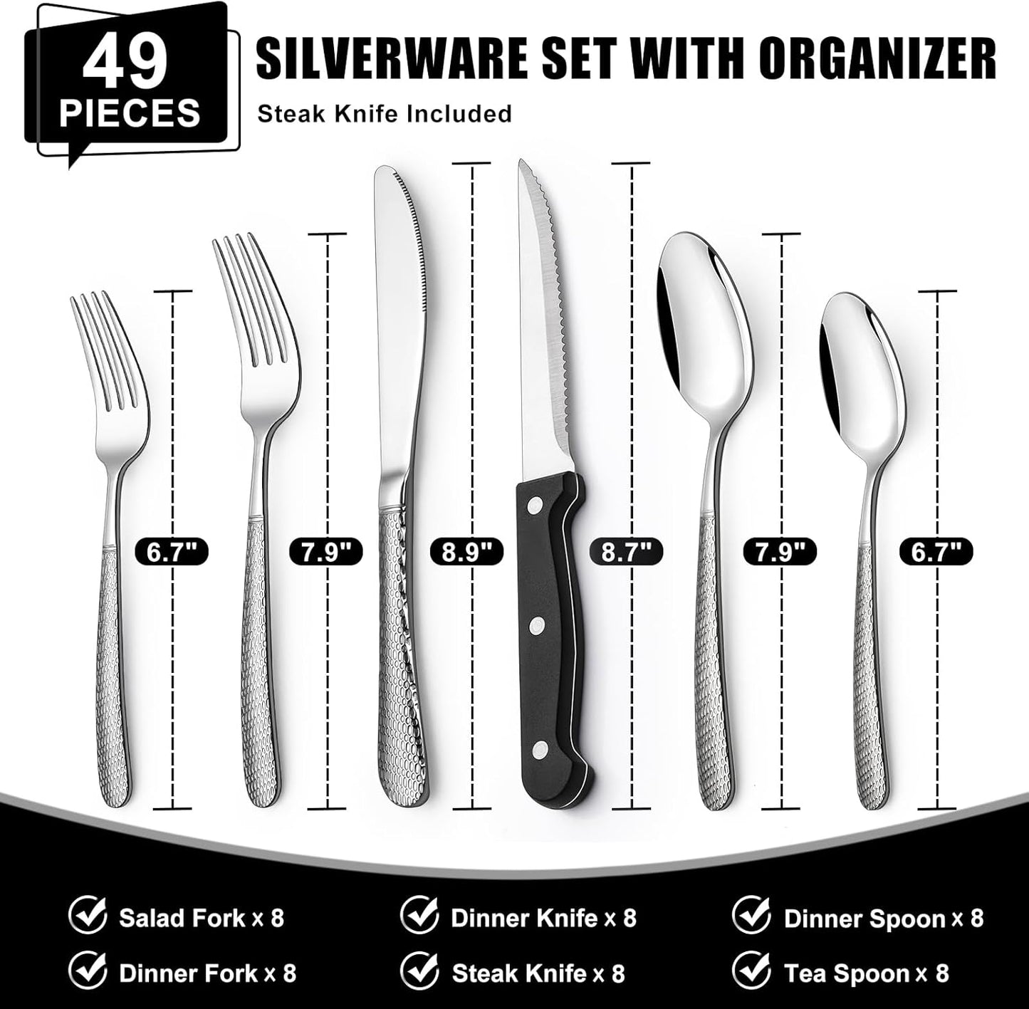 49-Piece Hammered Silverware Set with Organizer, Heavy Duty Stainless Steel Flatware for 8, Cutlery Utensil Sets with Steak Knives, Rust-proof, Mirror Polished, Dishwasher Safe