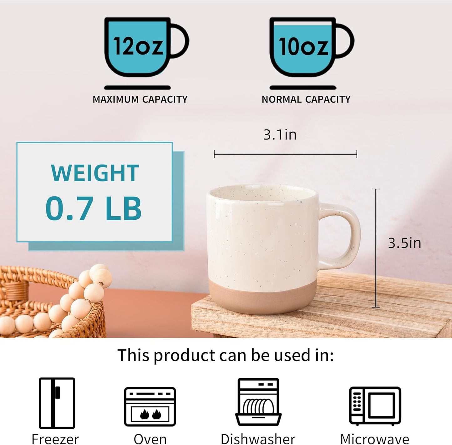 12oz Coffee Mug Set for 6, Tea Cups with Handle for Coffee, Tea, Cocoa, Milk (Cream)