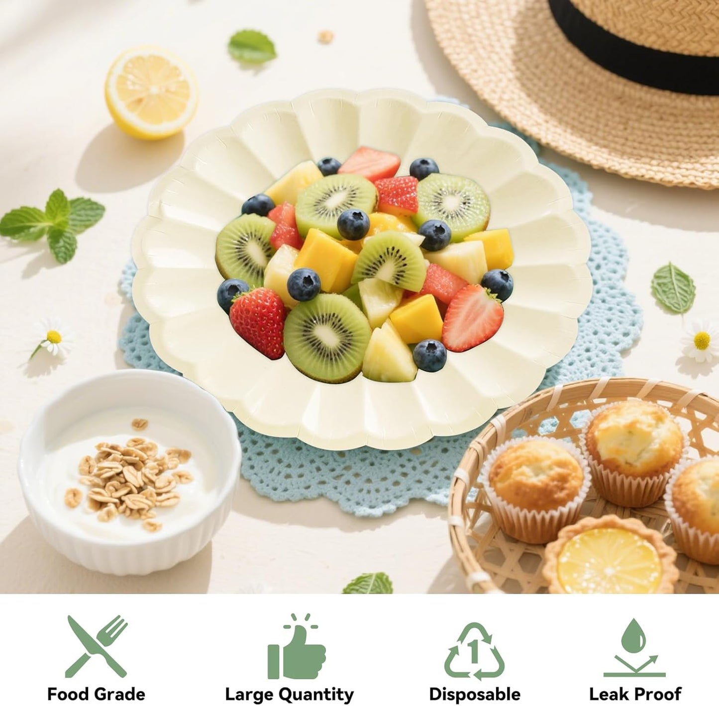 50Pcs Large Scalloped Cream Paper Plates 9Inch Shell Edge Dinner Plates for Cake Salad Fruit Disposable Dinner Serving Plates for Birthday Wedding Baby Shower Party Decorations