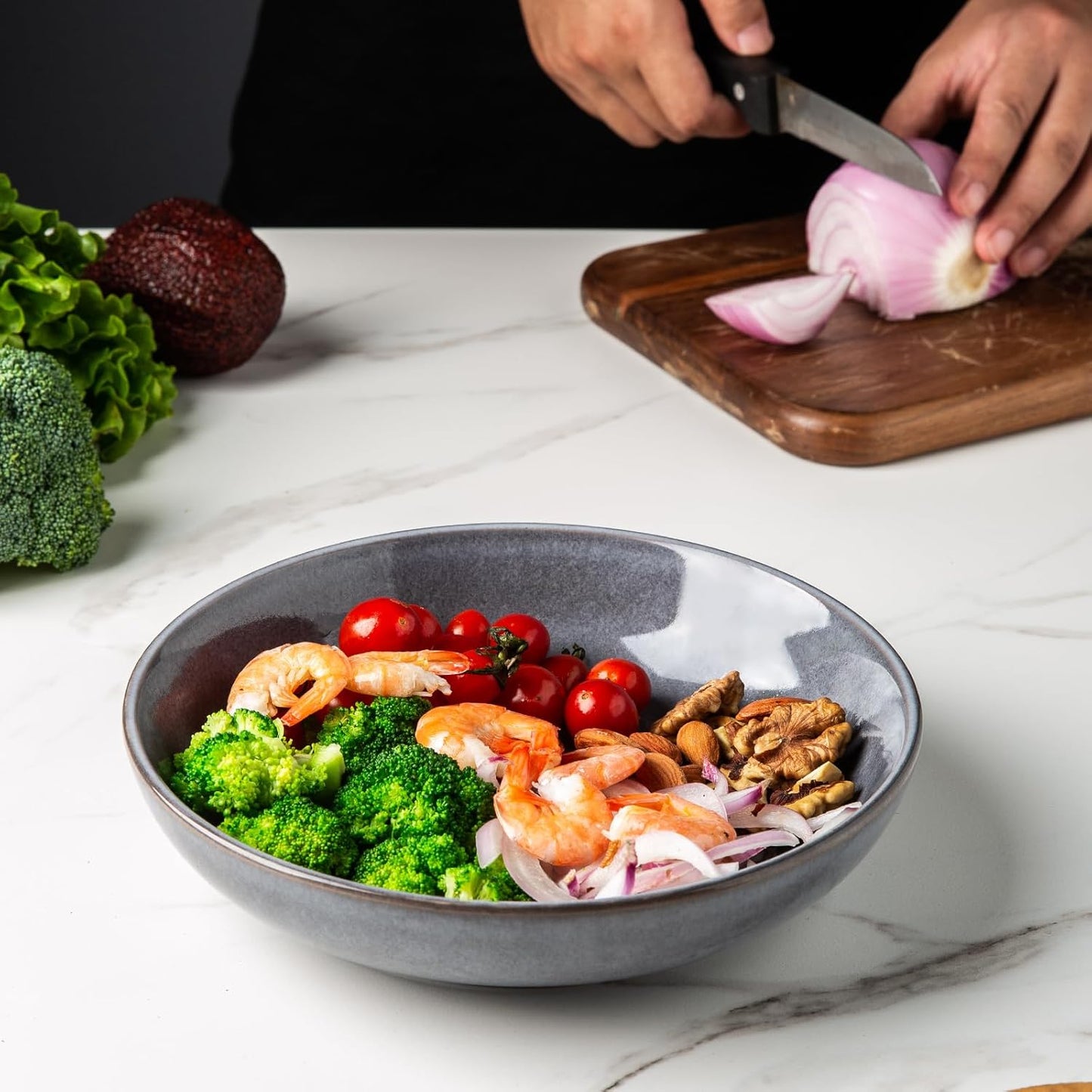 AmorArc 8.5'' Large Pasta Bowls, 36oz Stoneware Pasta Serving Bowls Set of 6 for Kitchen, Wide Bowls for Pasta,Salad,Fruit,Oatmeal, Microwave Safe, Reactive Glaze-Gray