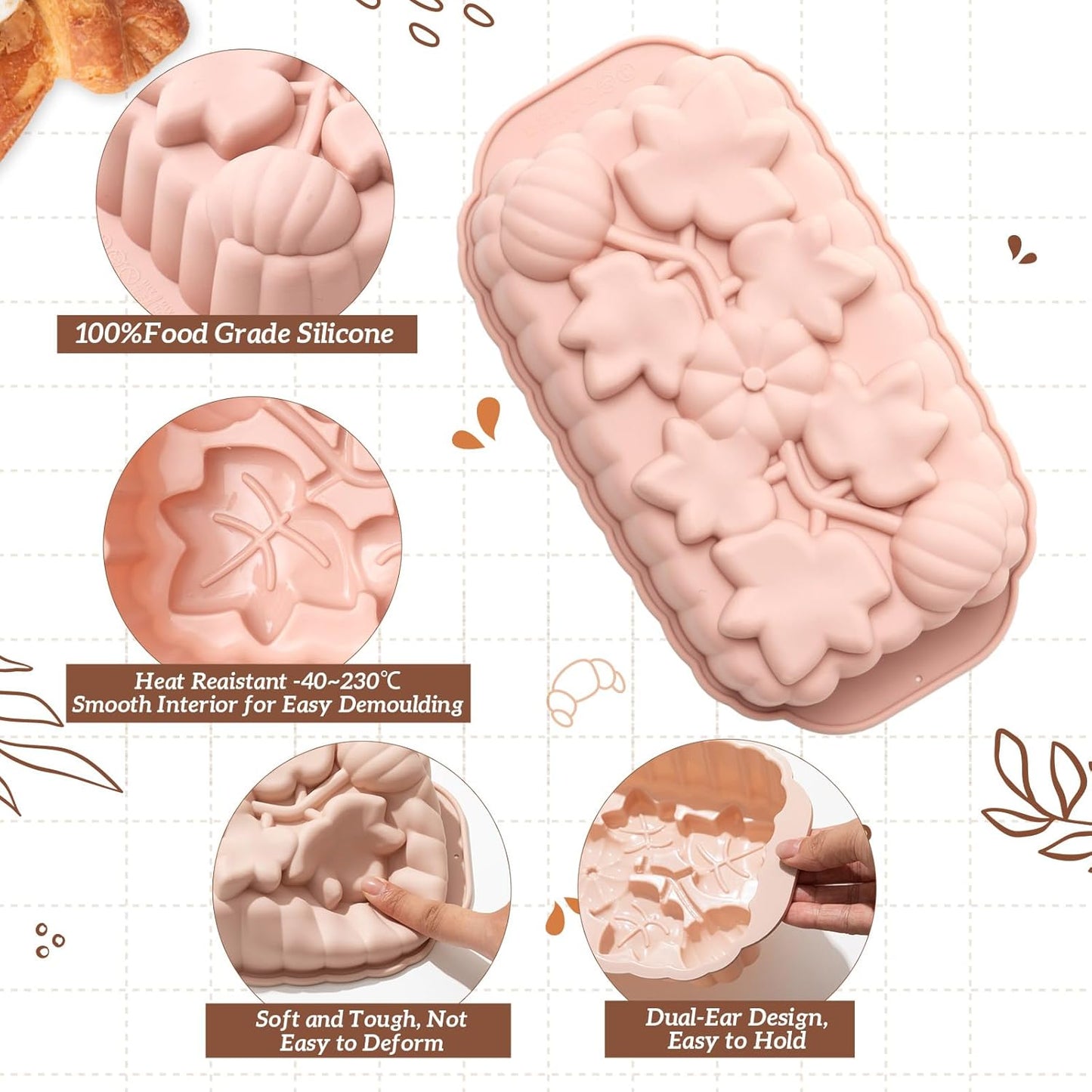 Vesici 3 Pcs Silicone Loaf Pan Pumpkin and Maple Leaf Patterns for Fall Harvest Thanksgiving Holiday 6 Cups Bread Baking Mold Non Stick Oven Microwave Safe, Nordic Gray Blue Pink Colors